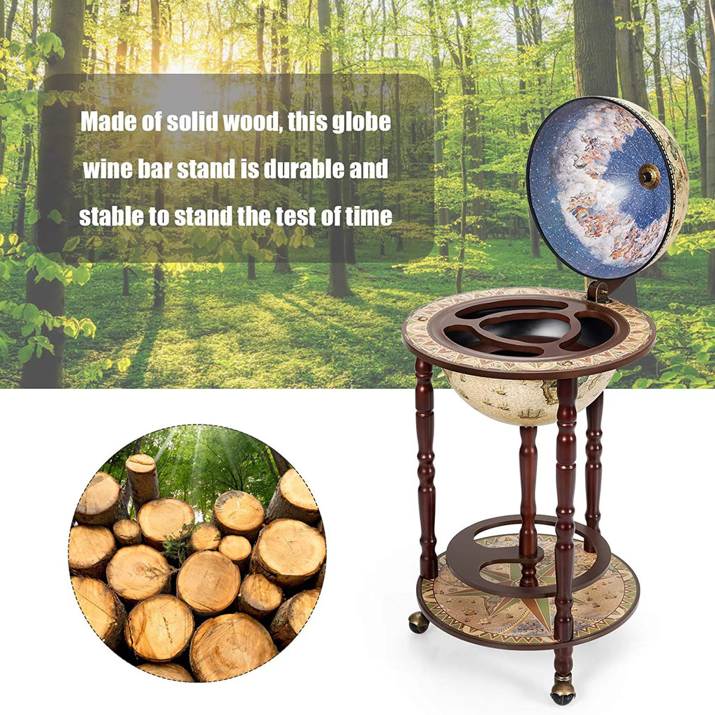 17.5” Creamy White Wood Globe Bar Cart with Wheels J7488