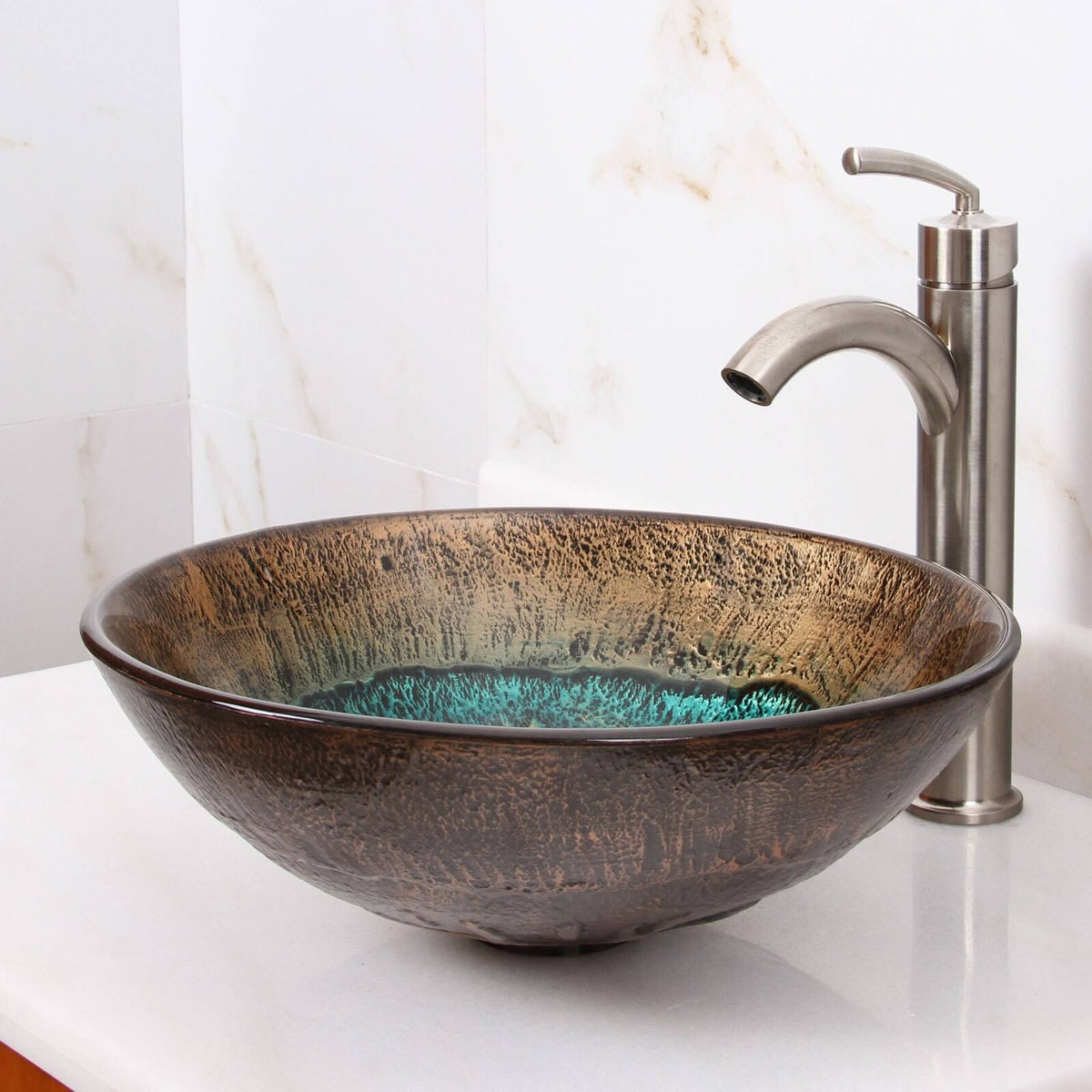 Tempered Glass Bathroom Vessel Sink & Brushed Nickel Faucet Combo W695