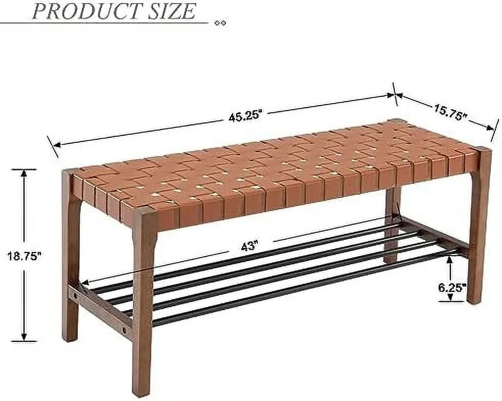 Rustic Wood 45 Inch Woven Accent Bench with Metal Shoe Rack D79896