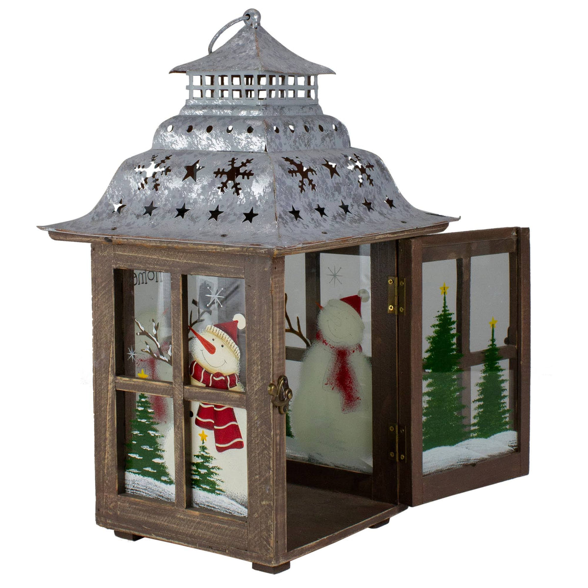 Rustic Wooden Snowman Holiday Scene Christmas Pillar Candle Lantern X161