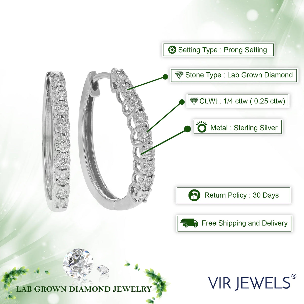 1/4 CTTW Lab Grown Diamond Hoop Earrings 925 Sterling Silver 3/4 Inch A11265