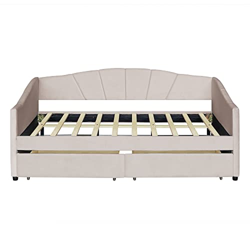 Beige Twin Size Upholstered Daybed with Two Storage Drawers A66066