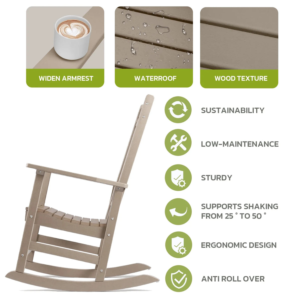 All Weather Resistant Poly Lumber Outdoor Rocking Chair with High Back I7857