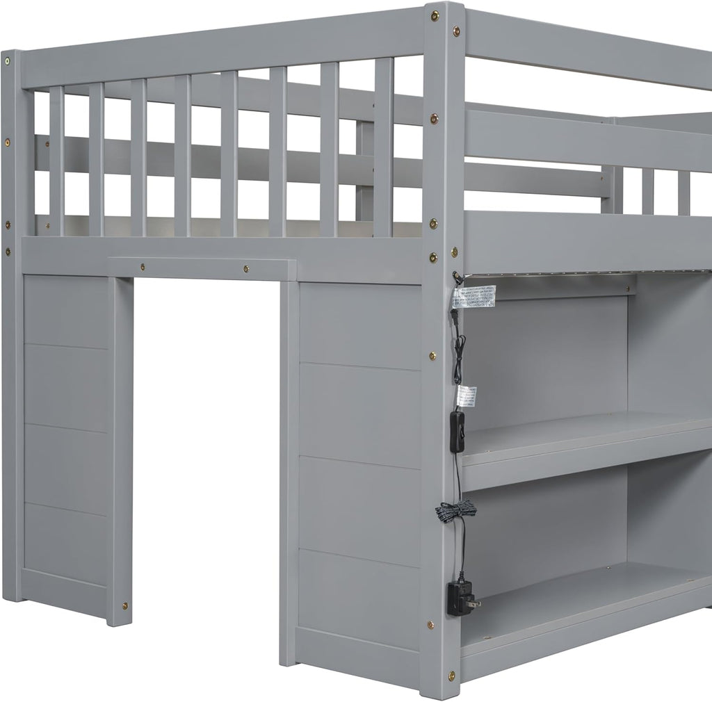 Grey LED Twin Low Loft Bed with Storage Shelves C3682