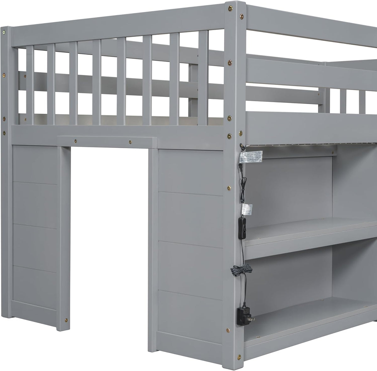 Grey LED Twin Low Loft Bed with Storage Shelves C3682