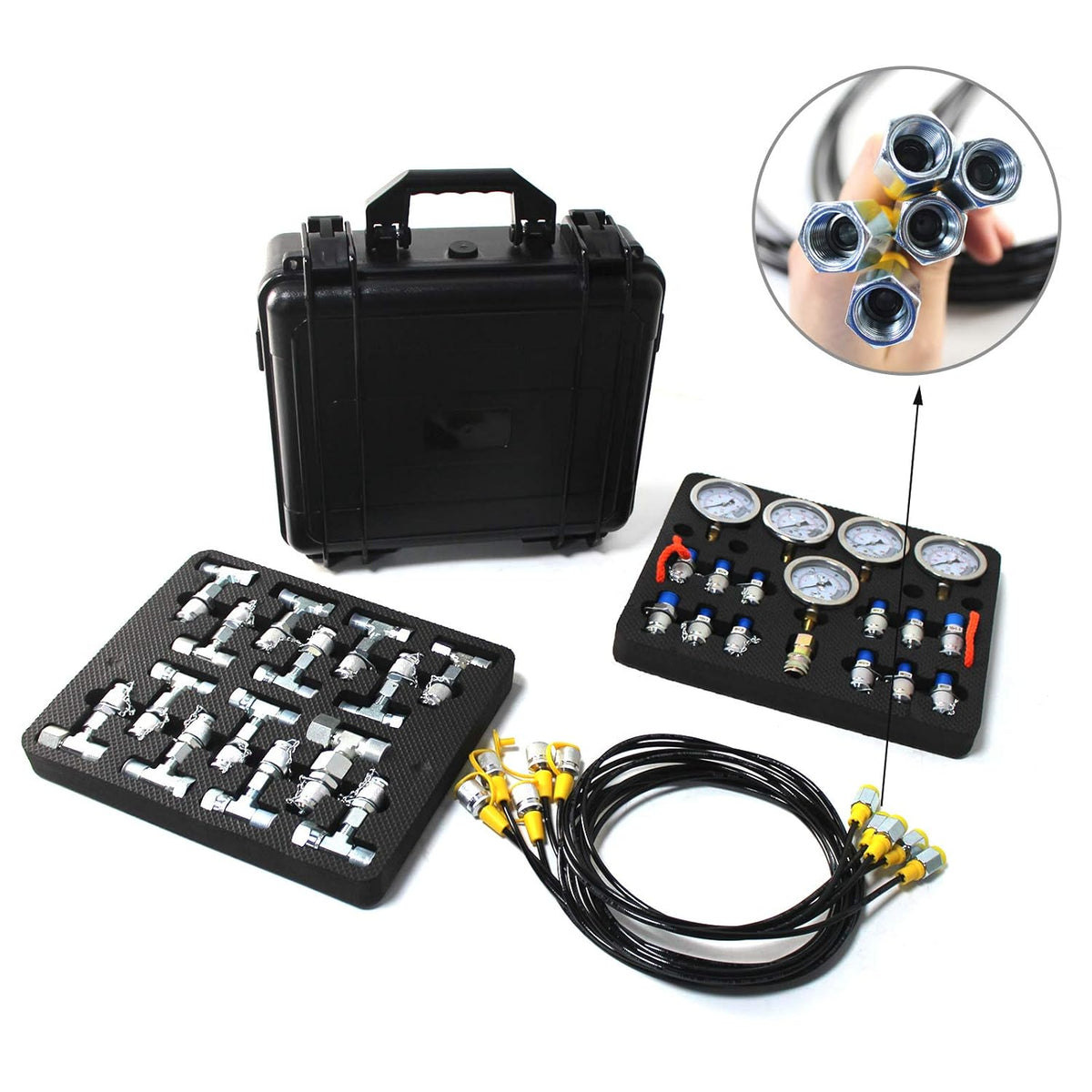 Hydraulic Pressure Test Kit with 5 Gauges 5 Test Hoses 13 Couplings and 14 Tee Connectors S6692