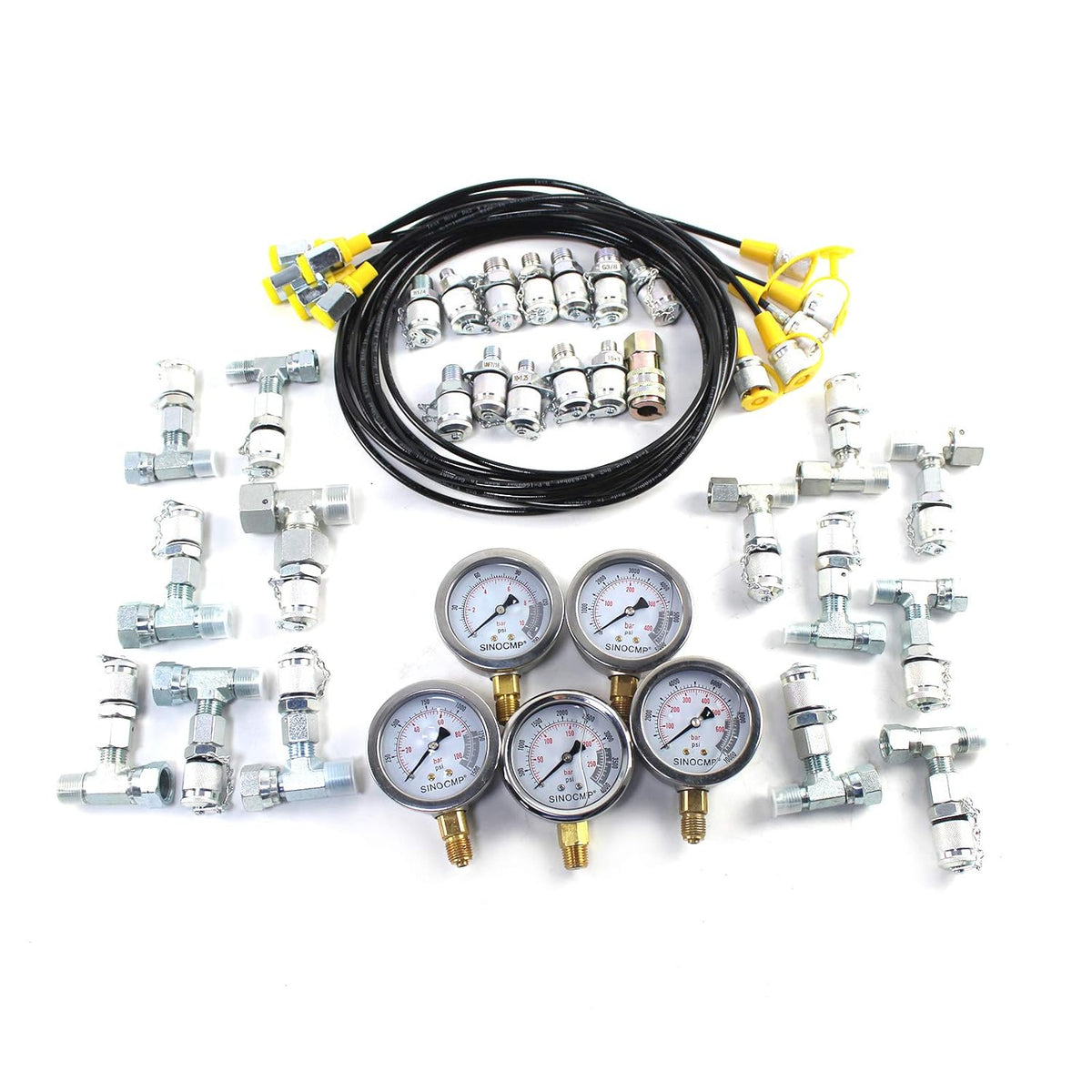 Hydraulic Pressure Test Kit with 5 Gauges 5 Test Hoses 13 Couplings and 14 Tee Connectors S6692