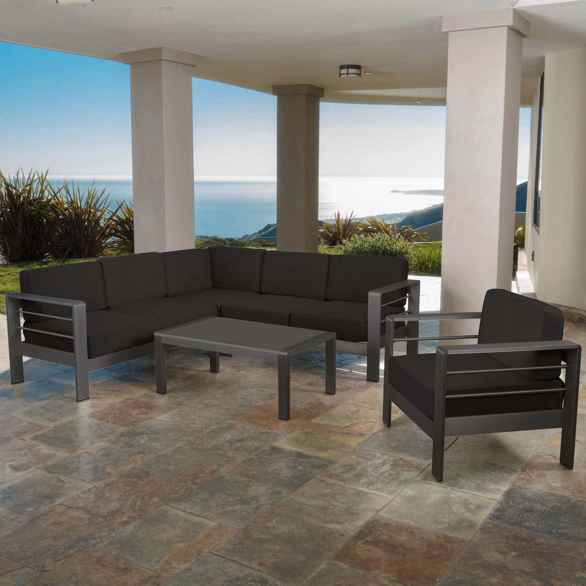 5 Piece Aluminum V-Shape Sectional Sofa Set with Cushions, Grey S549