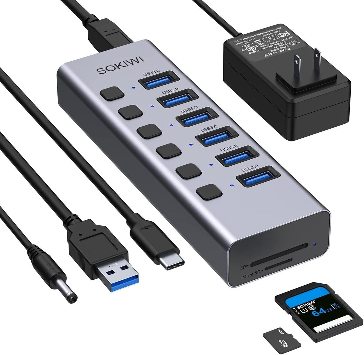 10 Port Aluminum USB Hub with Ethernet, 12V/5A AC Adapter, Pack of 2 X6949