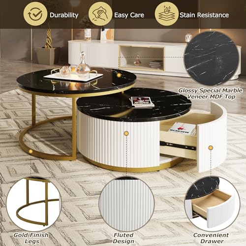 Round Nesting Coffee Table Set of 2 with Storage Drawer White I8333