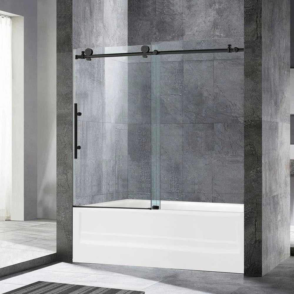 Frameless Sliding Bathtub Door with Shatter Retention Glass in Matte Black D8278