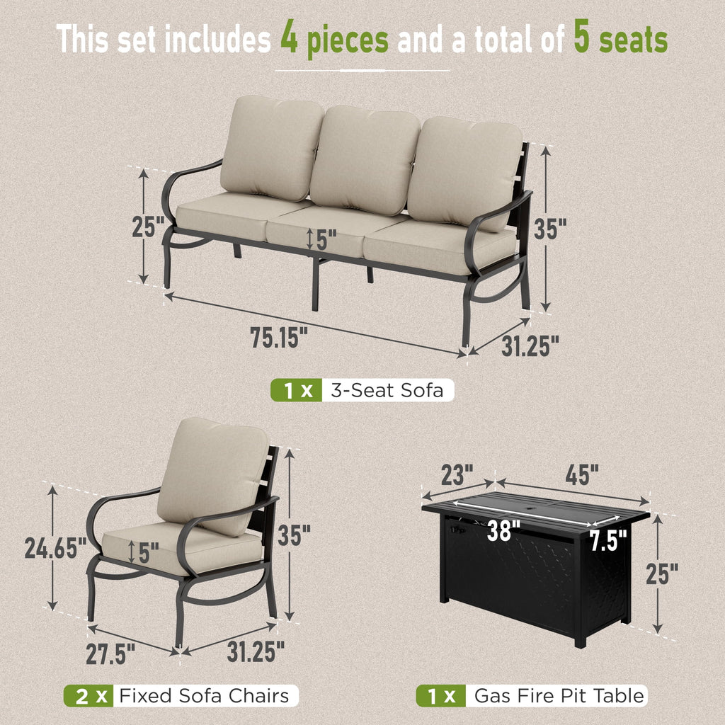 4 Pieces Patio Conversation Set with Fire Pit Table Steel Sectional Sofa Beige Cushions M5596