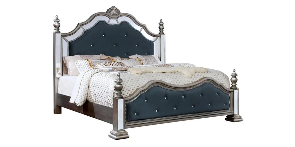 Black Silver Mirror Queen Bedroom Set 4Pcs V975212