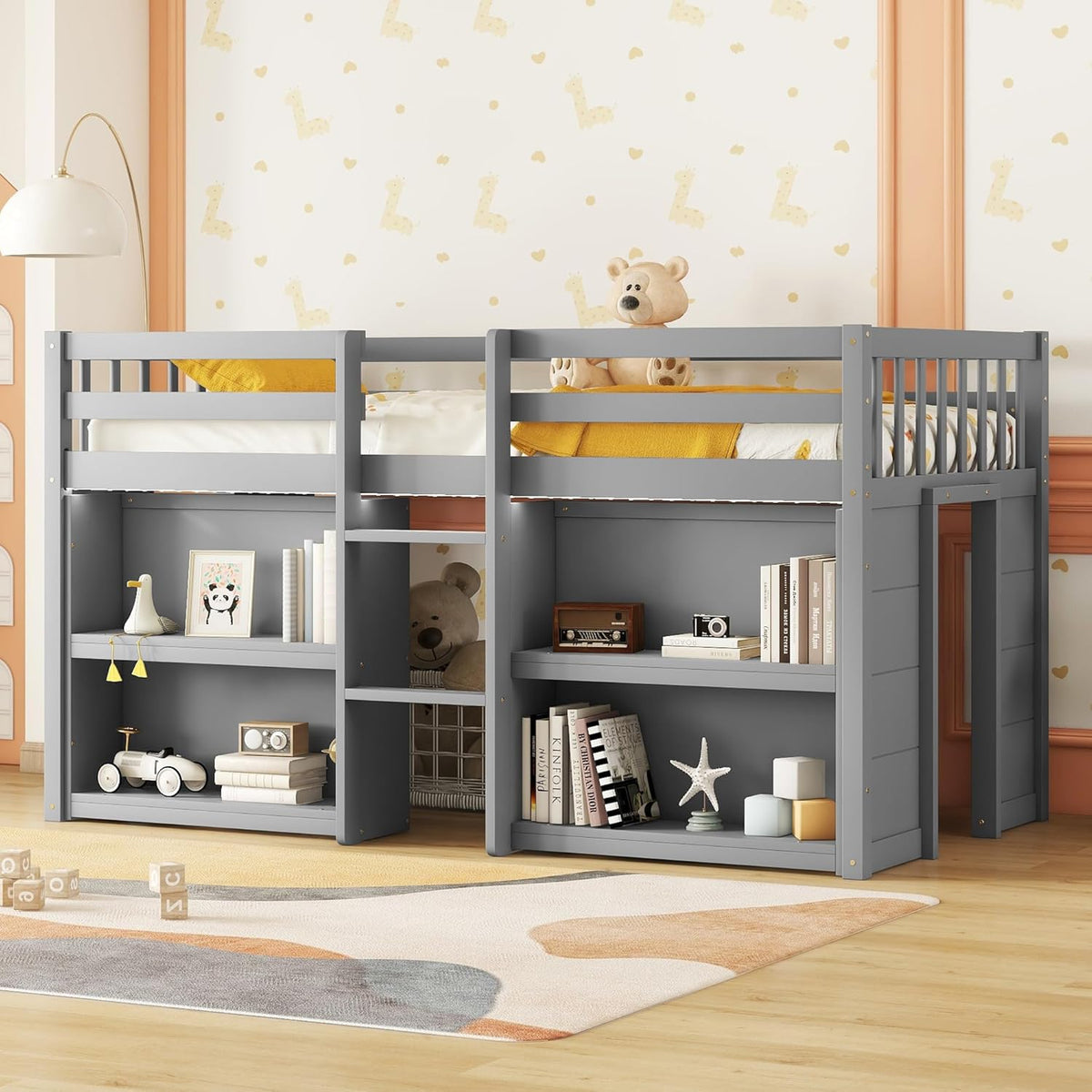Grey LED Twin Low Loft Bed with Storage Shelves C3682