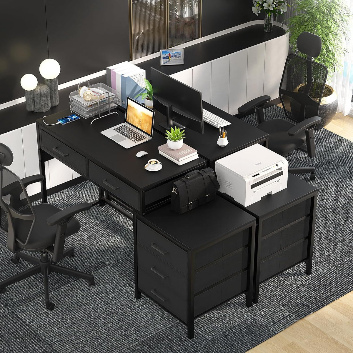 Black Computer Desk with 5 Drawers and Power Outlets T20717