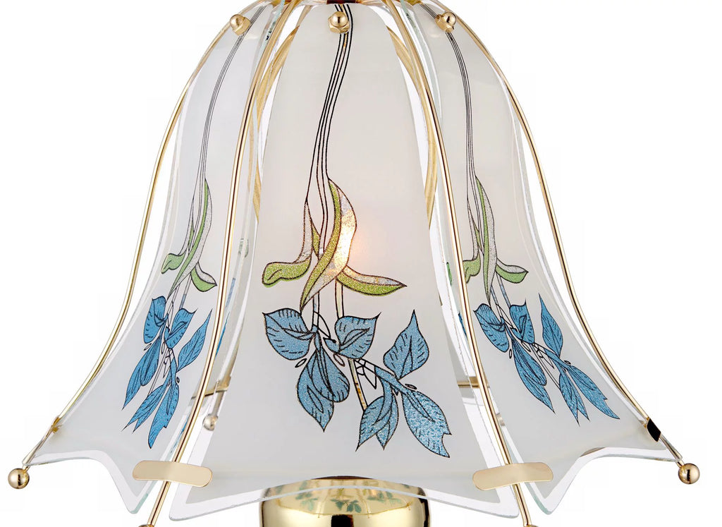 18" High Brass Accent Table Lamp Blue Floral Glass Shade V195