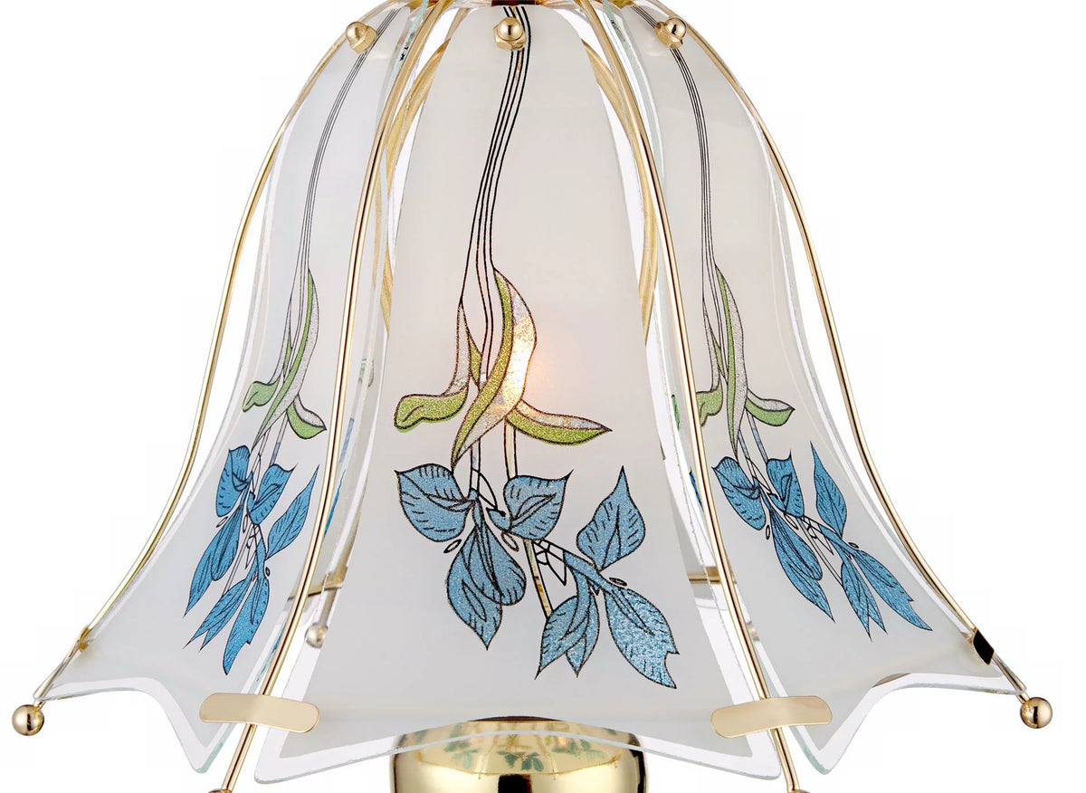 18" High Brass Accent Table Lamp Blue Floral Glass Shade V195