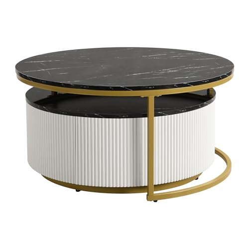 Round Nesting Coffee Table Set of 2 with Storage Drawer White I8333