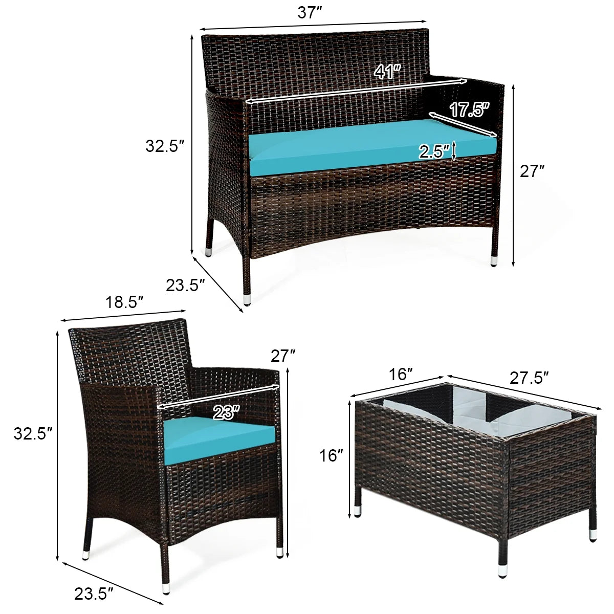 4 Pieces Patio Rattan Furniture Set Cushioned White B663