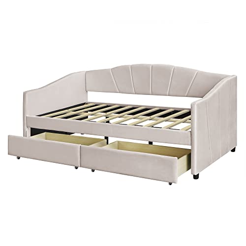 Beige Twin Size Upholstered Daybed with Two Storage Drawers A66066