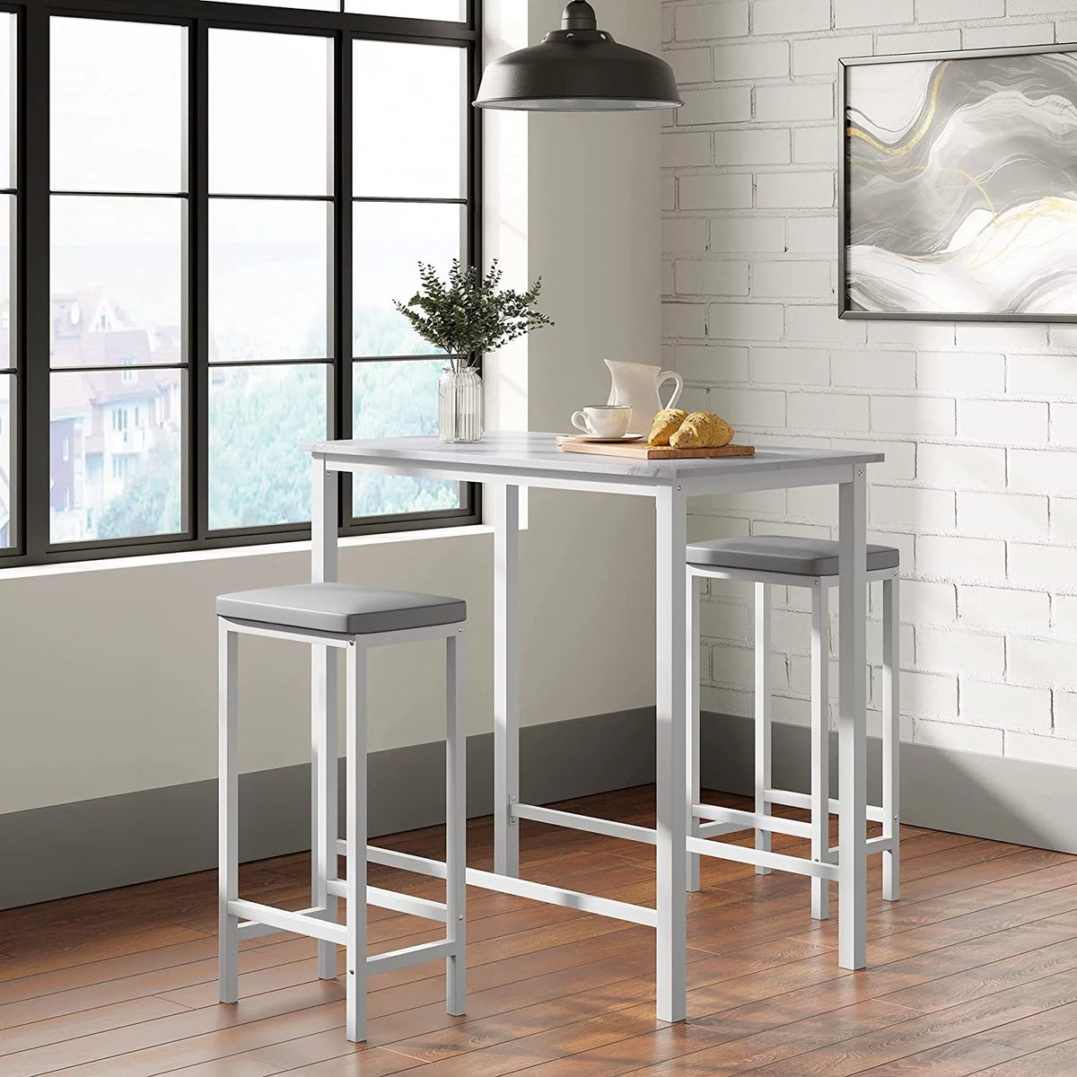 White 3-Piece Kitchen Table Set with 2 Backless Stools K498128