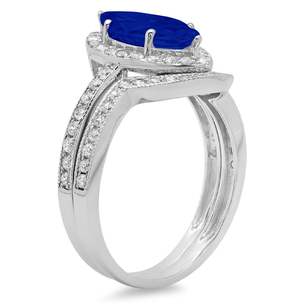 14k White Gold Marquise Cut Simulated Blue Sapphire Halo Ring Band Set Size 10.75 U24972