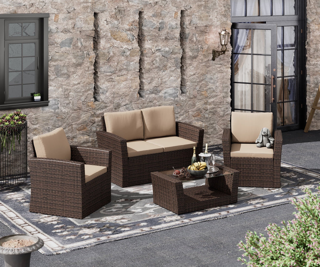 4-Piece Rattan Wicker Patio Furniture Set with Cushions V11229