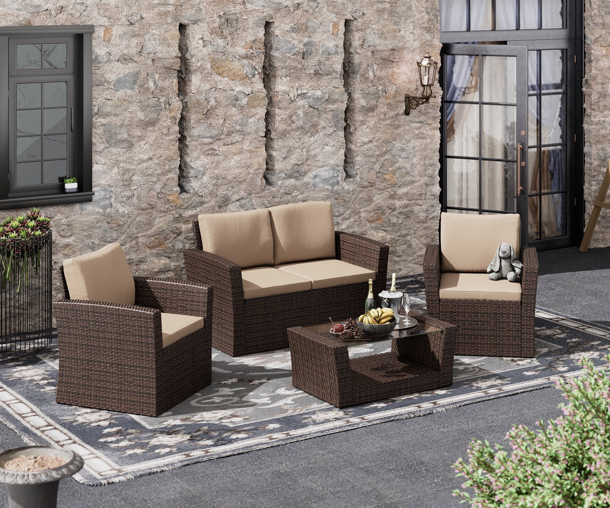 4-Piece Rattan Wicker Patio Furniture Set with Cushions V11229