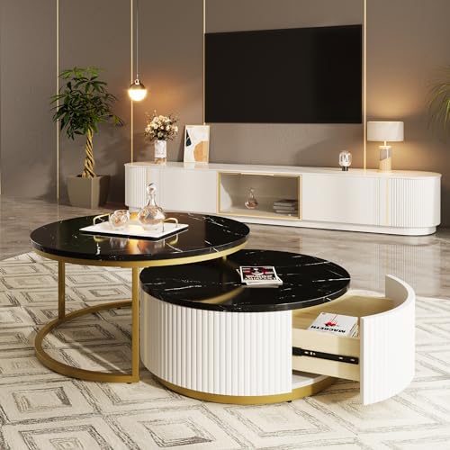 Round Nesting Coffee Table Set of 2 with Storage Drawer White I8333