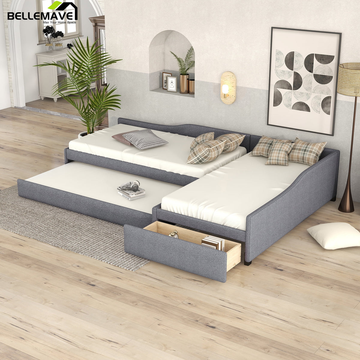 Gray L-Shaped Daybed with Trundle and Drawers, Twin Size Upholstered Sofa Bed X8841