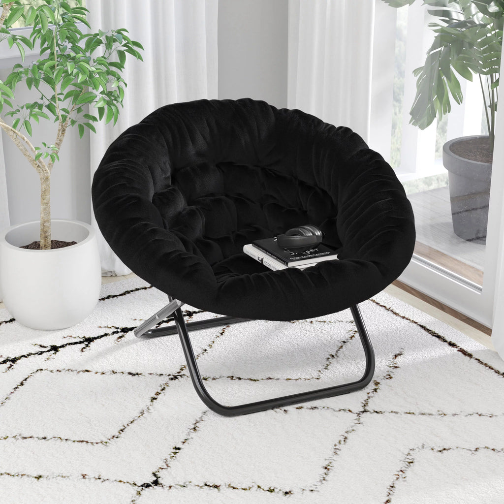 Oversize Black Faux Fur Folding Saucer Moon Chair H20366