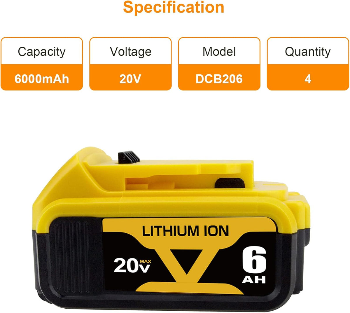 4 Packs 6.0Ah DCB206 Battery Compatible with Dewalt 20V Max Lithium E706