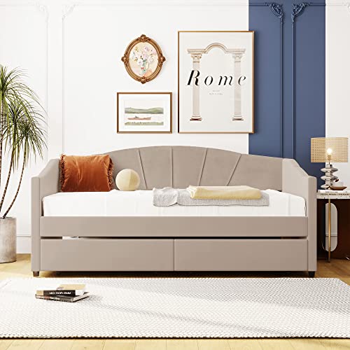 Beige Twin Size Upholstered Daybed with Two Storage Drawers A66066