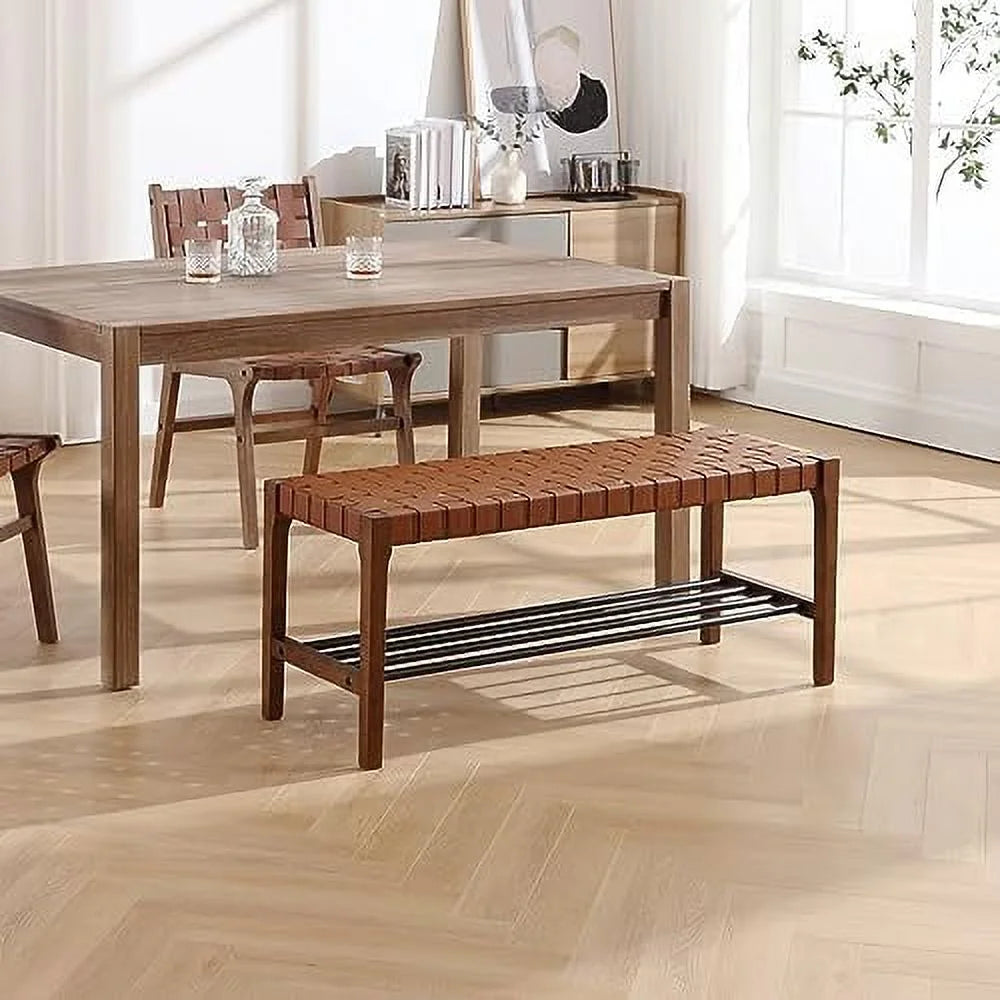 Rustic Wood 45 Inch Woven Accent Bench with Metal Shoe Rack D79896