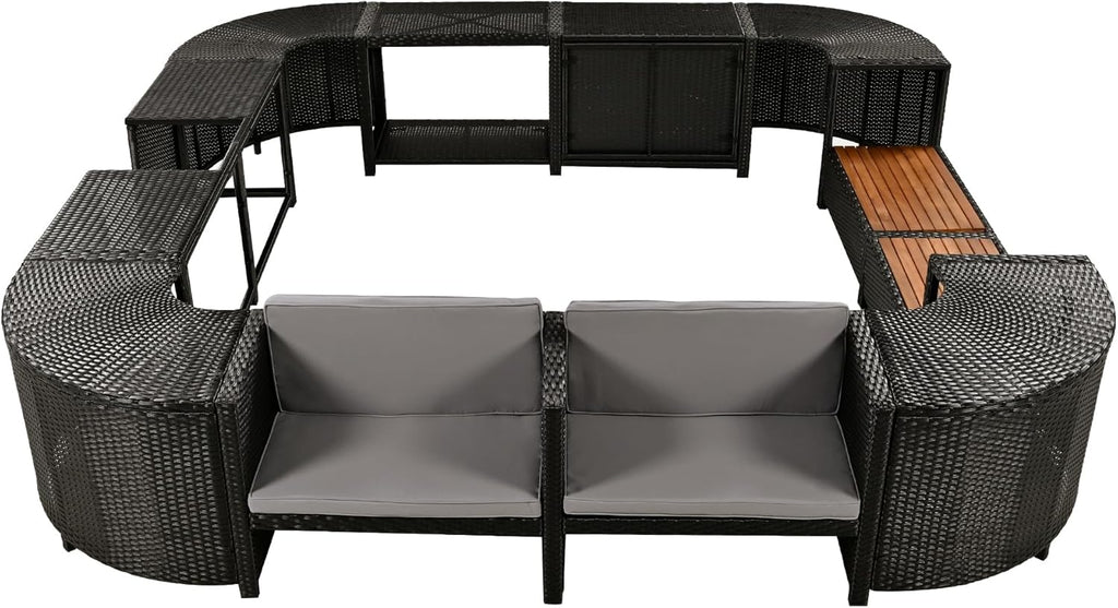 Gray Outdoor Rattan Sectional Sofa with Wooden Seats and Storage H6699
