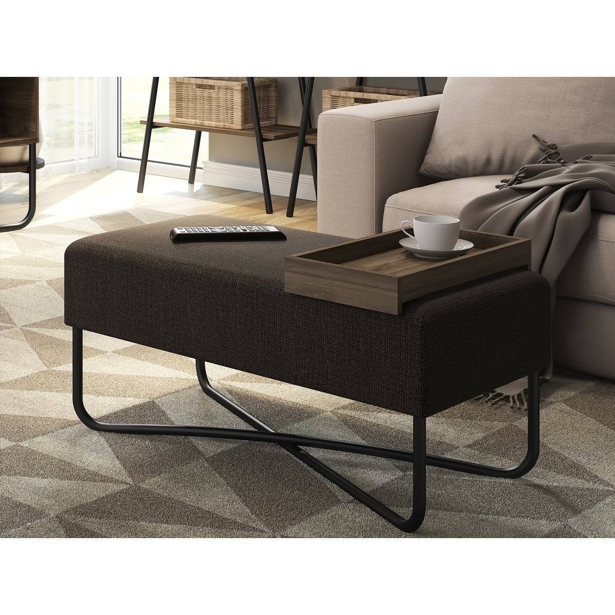 Light Gray Linen Fabric Bench with Chromed Base and White Tray D8783