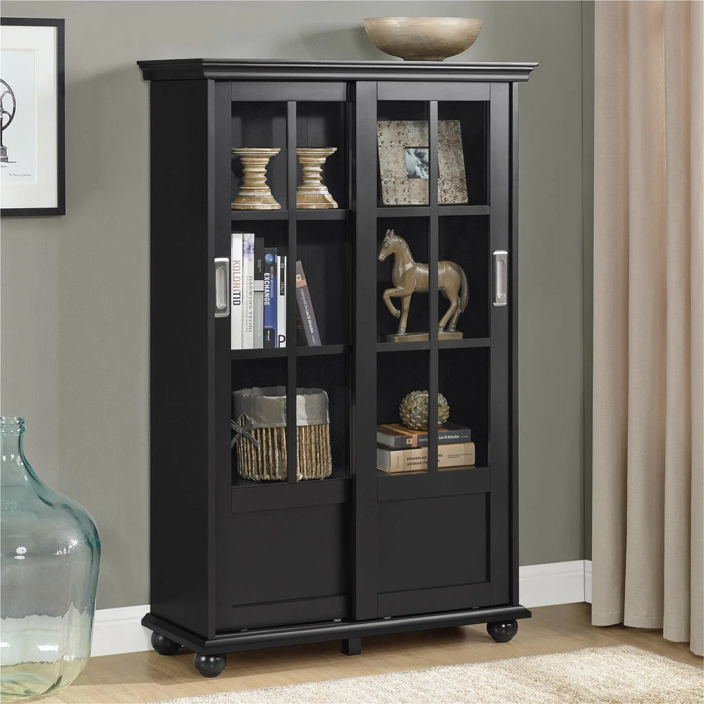 Black Bookcase with Sliding Glass Doors H1463