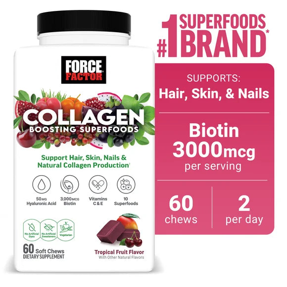 Vegan Collagen Boosting Superfoods with Biotin, Hair, Skin, and Nails Supplement, Tropical Fruit Flavor, 60 Chews D3166