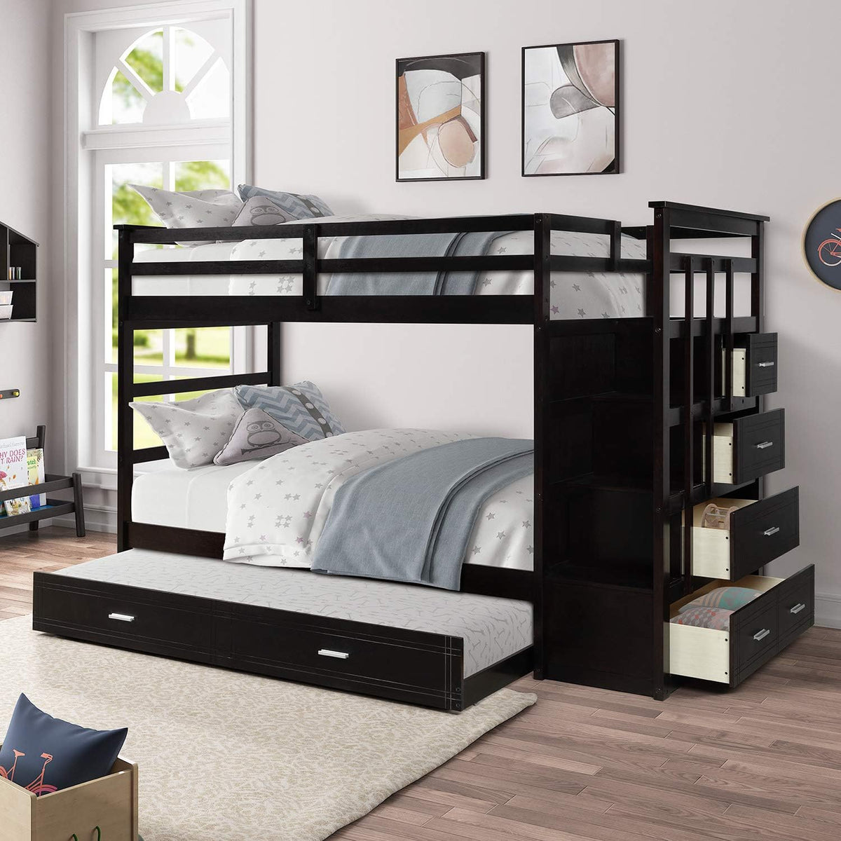 Grey Solid Wood Twin Over Twin Bunk Bed with Trundle and 4 Storage Drawers U151