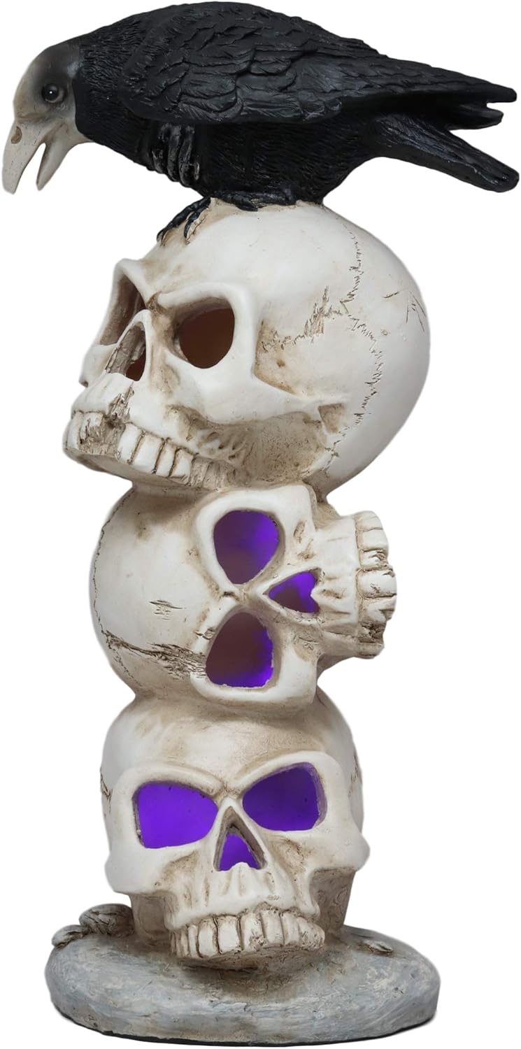 Gothic Raven Crow Bird Perching On Pole Totem Stacked Skulls with Color Changing LED Night Light Statue 11.75" Tall Skull Macabre Ossuary Figurine I9115