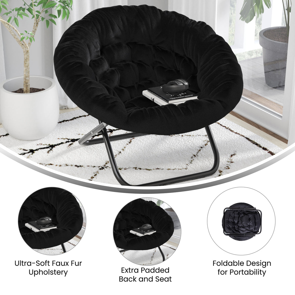 Oversize Black Faux Fur Folding Saucer Moon Chair H20366