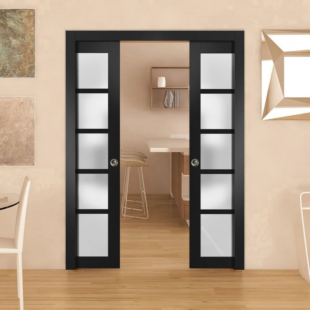 Frosted Glass Sliding French Double Pocket Doors 48 x 80 inches Solid Wood Y7705
