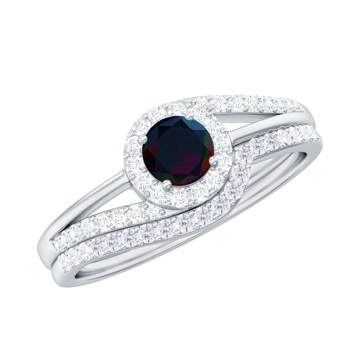 Natural Black Opal Ring Set with Diamond, 925 Sterling Silver, US 4.00 Q58850