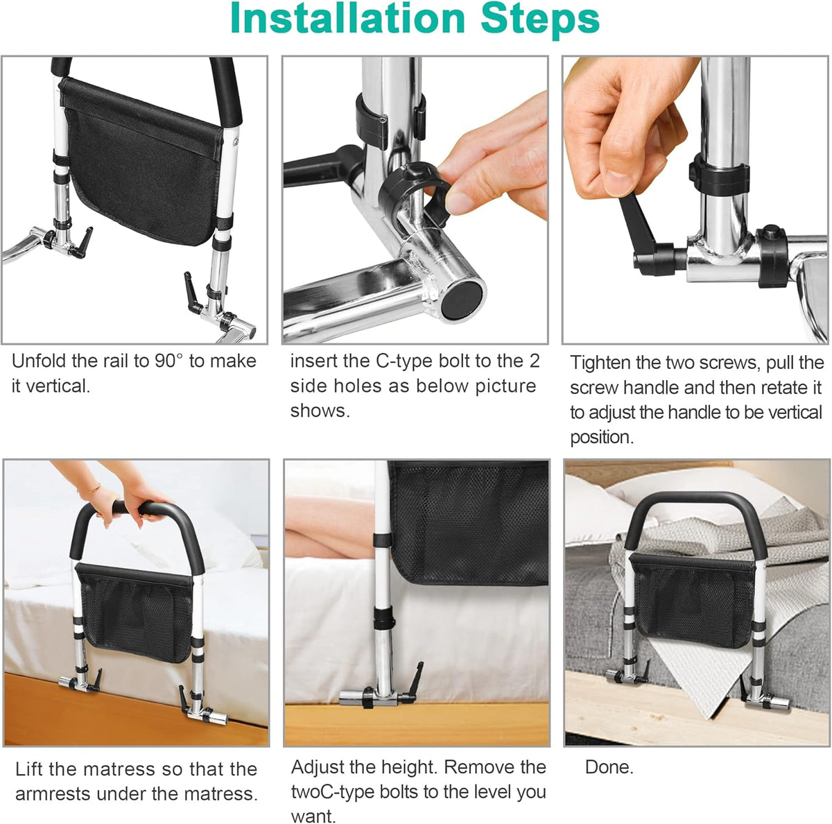 Bed Assist Rail with Fall Prevention Guard, Adjustable Height, Storage Pocket & Tablet Phone Holder, Pack of 2 Y6430