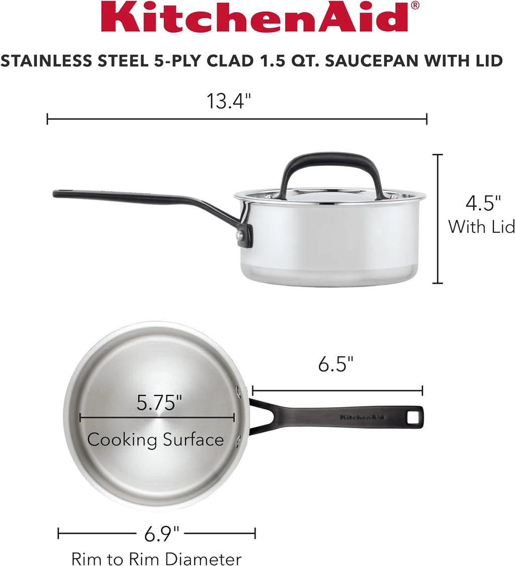 5-Ply Clad Polished Stainless Steel Saucepan with Lid, 3 Quart W976274