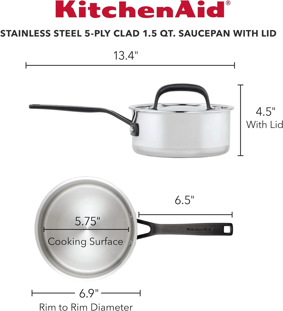 5-Ply Clad Polished Stainless Steel Saucepan with Lid, 3 Quart W976274