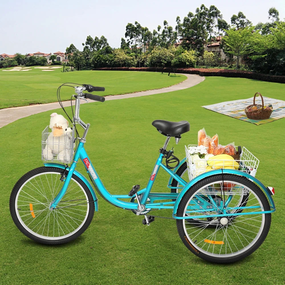 Adult Trike 7 Speed 24/26 Inch Three-Wheeled Cruiser Bike with Folding Front & Rear Basket Adjustable Height Seat L38390