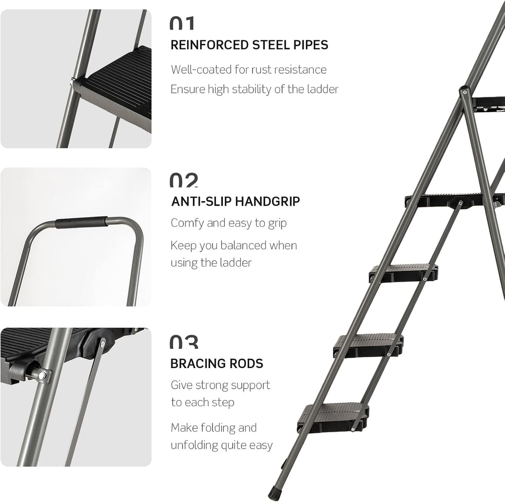 4 Step Folding Ladder with Handrail, Black K650