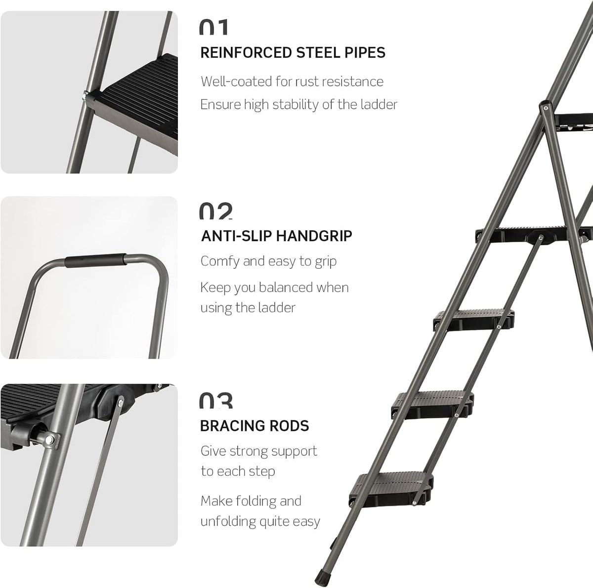 4 Step Folding Ladder with Handrail, Black K650