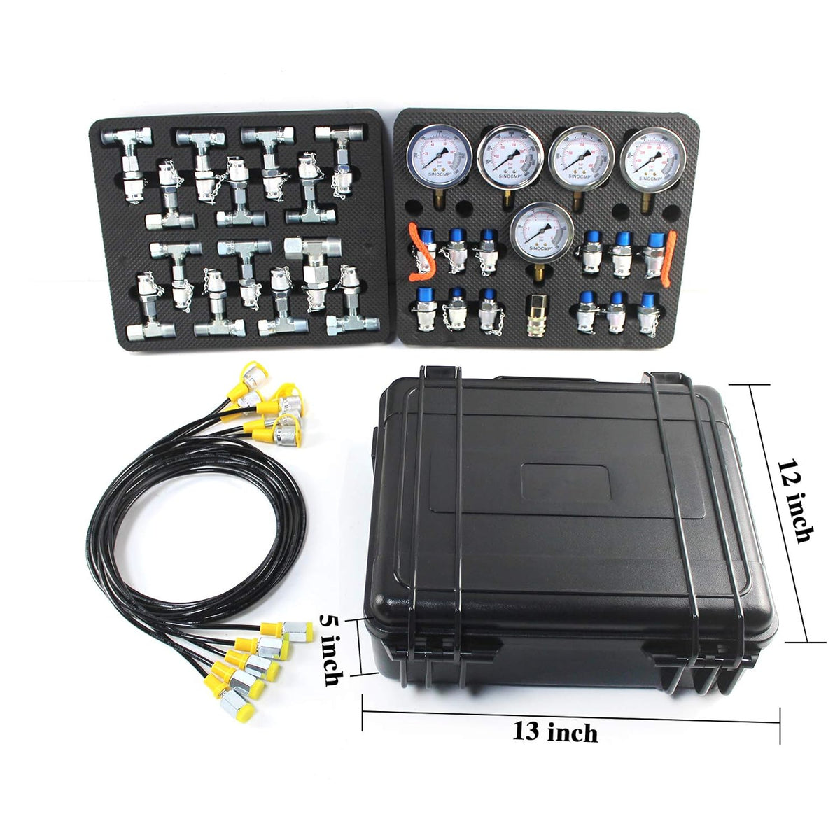 Hydraulic Pressure Test Kit with 5 Gauges 5 Test Hoses 13 Couplings and 14 Tee Connectors S6692